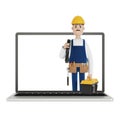 Electrician builder in laptop screen. Husband for an hour. An electrician, plumber, carpenter calls the foreman to work.