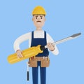 Electrician builder with a large screwdriver in his hands. Royalty Free Stock Photo