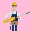 Electrician builder with a large screwdriver in his hands. Royalty Free Stock Photo