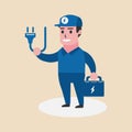 An electrician is carrying a bag ready on isolated background.Vector illustration.Flat design