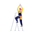 Electrician changing electric light bulb, flat vector illustration isolated.