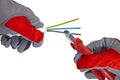 An electrician cuts a three-core copper wire with wire cutters