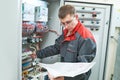 Electrician with electric scheme project Royalty Free Stock Photo