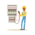 Electrician engineer measuring the voltage output in fuse box, electric man performing electrical works vector Royalty Free Stock Photo