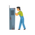 Electrician Engineer Repairing Equipment in Fuse Box, Electric Man Character in Blue Overalls Vector Illustration