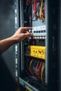 Electrician engineer uses a multimeter to test the electrical installation and power line AI generated