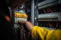 Electrician engineer uses a multimeter to test the electrical installation and power line AI generated