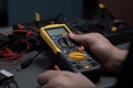 Electrician engineer uses a multimeter to test the electrical installation and power line AI generated