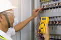 Electrician engineer work tester measuring voltage and current of power electric line in electical cabinet control Royalty Free Stock Photo