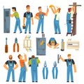 Electrician Engineers with Professional Electrician Tools Set, Electric Men Characters in Blue Overalls at Work Vector Royalty Free Stock Photo