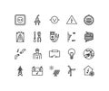 Electrician flat line icons set. Contains such Icons as power socket, torn wire, energy meter, lamp, electricity Royalty Free Stock Photo