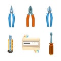 Electrician Hand Tool and Equipment with Pliers and Screwdriver Vector Set.