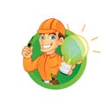 Electrician holding light bulb and screwdriver