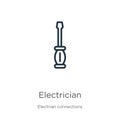 Electrician icon. Thin linear electrician outline icon isolated on white background from electrian connections collection. Line Royalty Free Stock Photo