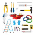 Electrician Icons Set Vector. Electrician Accessories. Stepladder, Gloves, Light Bulb, Wire, Screwdriver, Lantern, Knife Royalty Free Stock Photo