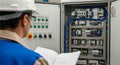 Electrician Inspecting Control Panel Wiring and Schematics Royalty Free Stock Photo