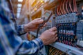 Electrician installing an electrical equipment in control cabinet