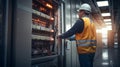 Electrician installing electrical wires and multimeter fuse switch box in hands of electrician detail. Neural network AI Royalty Free Stock Photo