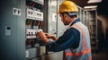 Electrician installing electrical wires and multimeter fuse switch box in hands of electrician detail. Neural network AI Royalty Free Stock Photo