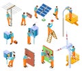 Electrician isometric set. Workers doing safety electric works. Electrical maintenance man repairing power lines vector