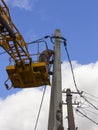 Work on electric post power pole Electrician lineman repairman worker at climbing Royalty Free Stock Photo