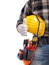 Electrician with tool belt on a white background. Electricity