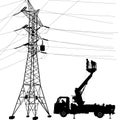 Electrician, making repairs at a power pole. Vector illustration