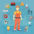 Electrician man concept with professional instruments tools