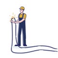 Electrician man holding electric cable with electricity spark. Engineer repair high voltage wire