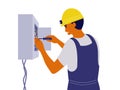 Isolated vector illustration of electrician man screwing wire in switch board by screwdriver