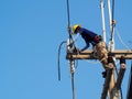 Electrician man working at height and dangerous ,high voltage power line