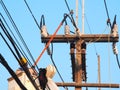 Electrician man working at height and dangerous ,high voltage power line Royalty Free Stock Photo