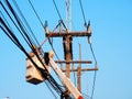 Electrician man working at height and dangerous ,high voltage power line Royalty Free Stock Photo