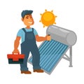 Electrician in overalls with toolkit repairs solar battery