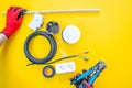 Electrician peeling off insulation from wires - closeup on hands and pliers. Selective focus Royalty Free Stock Photo