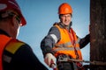 Electrician on a pole against the blue sky