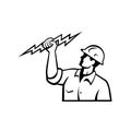 Electrician Power Lineman or Construction Worker Holding Lightning Bolt Retro