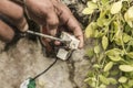 An electrician removes the wiring from an old outlet by wedging it out with a screwdriver. Replacing an outdoor receptacle