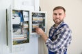 Electrician repairing fuse box with screwdriver Royalty Free Stock Photo