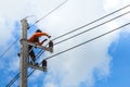 Electrician repairing wire of the power line Royalty Free Stock Photo
