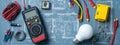 Electrician's toolkit: multimeter, wires, light bulb, and blueprints on a desk Royalty Free Stock Photo