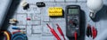 Electrician's toolkit: multimeter, wires, light bulb, and blueprints on a desk Royalty Free Stock Photo