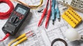 Electrician's toolkit: multimeter, wires, light bulb, and blueprints on a desk Royalty Free Stock Photo