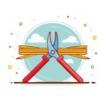 Electrician's tools cutting cable in cartoon style, wire, cutters in front of cloudy sky Royalty Free Stock Photo