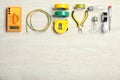 Electrician`s tools and space for text on light background Royalty Free Stock Photo