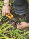 An electrician safely handles a faulty wire of a garden lamp with pliers. Electrical repair service at the garden of a house