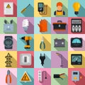 Electrician service icons set, flat style Royalty Free Stock Photo