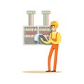 Electrician standing with documents checking electrical equipment, electric man performing electrical works vector