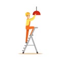 Electrician standing on a stepladder installing lighting on the ceiling, electric man performing electrical works vector Royalty Free Stock Photo