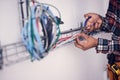 Electrician, technician and hands of man with cable maintenance, inspection and home repair. Construction worker Royalty Free Stock Photo